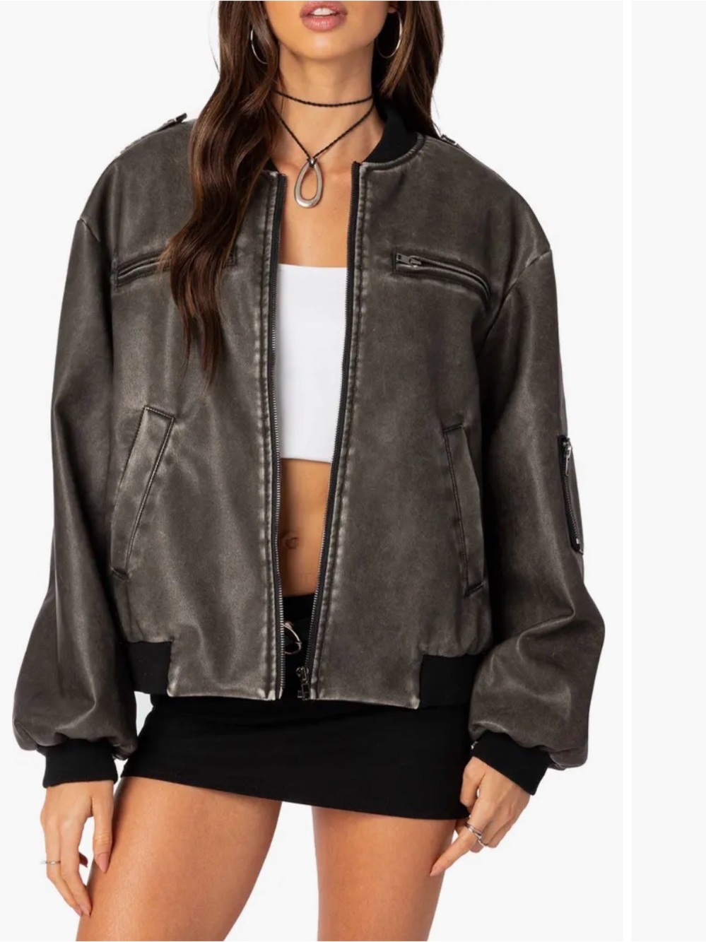 EDIKTED Vava Washed Faux Leather Bomber Jacket